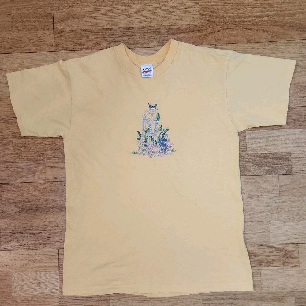 Vtg Anvil Tshirt Sz Large Womens Bird Bath Embroider Cottagecore Grandma Nature